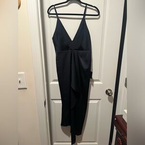 Lulu’s Navy Satin Ruffle Midi Dress